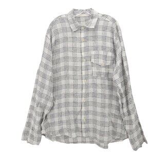 CP SHADES Men's 100% Linen Shirt Long Sleeve White Black Plaid EUC Size LARGE